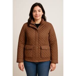 Details Intl Brown Quilted Jacket Womens Large Lightweight Snap Pocket Coat